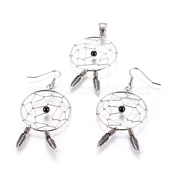 304 Stainless Steel Jewelry Sets, Dangle Earrings and Pendants, Antique Silver & Stainless Steel Color, 70mm; Pin: 0.7mm, Pendant: 53x31.5~32; Pendant: 62.5mm long, Hole: 8x6mm(STAS-I111-09)