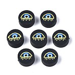 Handmade Polymer Clay Beads, Flat Round with Evil Eye, Black, 9.5~10x4.5mm, Hole: 1.6mm(CLAY-N007-004-01)