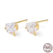 925 Sterling Silver Rectangle Stud Earring Settings, with Micro Pave Clear Cubic Zirconia, for Half Drilled Beads, with S925 Stamp, Real 18K Gold Plated, 7.5x8mm, Pin: 11x0.8mm and 0.7mm(STER-M115-07G)