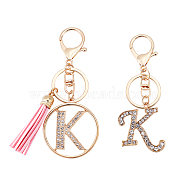 2Pcs 2 Style Alloy Rhinestone Keychain Sets, with Lobster Claw Clasps and PU Leather Tassel, Alphabet, Letter.K, 1pc/style, 102mm, K: 43x37x2.5mm(KEYC-WR0001-01K)