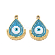 Ion Plating(IP) 316 Surgical Stainless Steel Pendants, Nickel Free, with Enamel, Real 18K Gold Plated, Teardrop with Evil Eye Charm, Deep Sky Blue, 17x13x3mm, Hole: 1.4mm(STAS-U014-57G-01)