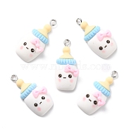 Resin Pendants, with Platinum Iron Peg Bail, Milk Bottle with Bowknot, Ghost White, 30x15x8mm, Hole: 2mm(RESI-C002-12)
