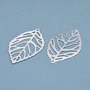 Brass Pendants, Long-Lasting Plated, Leaf, 925 Sterling Silver Plated, 35x20x0.5mm, Hole: 1mm(KK-O139-06S)