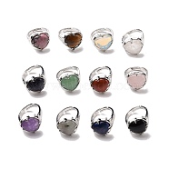 Gemstone Heart Adjustable Ring, Brass Jewelry for Women, Lead Free & Cadmium Free, Platinum, Inner Diameter: 16.5~21mm(RJEW-E265-01P)