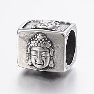 304 Stainless Steel Beads, Large Hole Beads, Cube with Buddha, Antique Silver, 12x13x11mm, Hole: 8mm(STAS-H440-34AS)