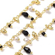 Handmade Brass Curb Chains, with Glass Charms, Real 18K Gold Plated, Soldered, with Spool, Black, 3mm(CHC-K014-09G-03)