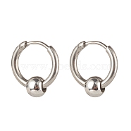 304 Stainless Steel Huggie Hoop Earrings, with Brass Beads, Stainless Steel Color, 15x14mm, Pin: 1mm(EJEW-JE04555-01)