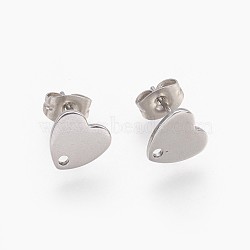 304 Stainless Steel Stud Earring Findings, with Loop and Flat Plate, Ear Nuts/Earring Backs, Heart, Stainless Steel Color, 8x8x1mm, Hole: 1.2mm, Pin: 0.8mm(STAS-F178-08P)