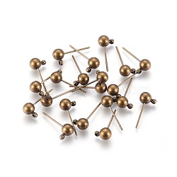Brass Ball Post Ear Studs, with Loop & 304 Stainless Steel Pins, Nickel Free, Antique Bronze, 15.2~15.7x5mm, Hole: 1mm, Pin: 0.7mm(X-EC254-NFAB)