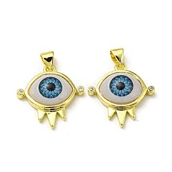 Real 18K Gold Plated Brass Pendants, with Cubic Zirconia and Acrylic, Evil Eye, 20.5x20x6.5mm, Hole: 5x3.5mm(KK-L209-002G-01)