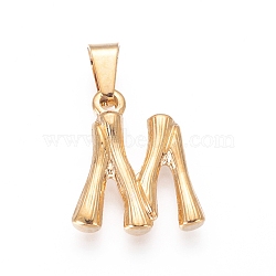 304 Stainless Steel Pendants, Bamboo Style, Letter, Golden Color, Letter.M, 19x16x3mm, Hole: 3x7mm(X-STAS-F235-01G-M)