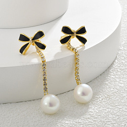 Bowknot Brass Enamel with Clear Cubic Zirconia & Plastic Imitation Pearl Dangle Stud Earrings, Real 14K Gold Plated, 50x16.5mm(EJEW-Q391-13G)