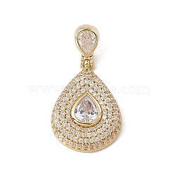 Brass Micro Pave Clear Cubic Zirconia Pendants, Cadmium Free & Nickel Free & Lead Free, Rack Plating, Teardrop, Real 18K Gold Plated, 42x22.5x5mm, Hole: 3.5x7.5mm(KK-G439-03G)