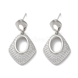 Brass Pave Cubic Zirconia Stud Earrings, Rhombus with Hollow Oval, Platinum, 31.5x17.5mm(EJEW-M258-11P)