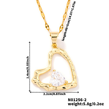 Brass Clear Cubic Zirconia Chic High-end Heart Pendant Necklaces for Women, Golden, 15.75 inch(40cm)