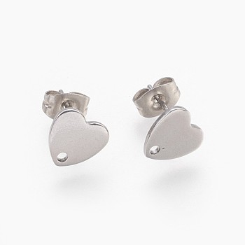 304 Stainless Steel Stud Earring Findings, with Loop and Flat Plate, Ear Nuts/Earring Backs, Heart, Stainless Steel Color, 8x8x1mm, Hole: 1.2mm, Pin: 0.8mm