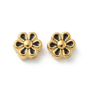 Ion Plating(IP) 304 Stainless Steel Beads, with Enamel, Real 18K Gold Plated, Flower, Black, 9x9x5mm, Hole: 1.2mm