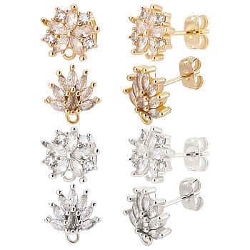 4 Pairs 4 Style Clear Cubic Zirconia Flower Stud Earring Findings, with Horizontal Loops & 8Pcs Ear Nuts, Platinum & Golden, 14.5mm, Hole: 1~1.2mm, Pin: 0.8mm, 1 Pair/style