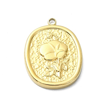Ion Plating(IP) 304 Stainless Steel Pendants, Oval with Flower Charm, Real 18K Gold Plated, 20.5x15x2mm, Hole: 1.5mm