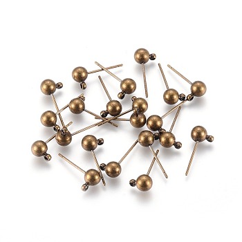 Brass Ball Post Ear Studs, with Loop & 304 Stainless Steel Pins, Nickel Free, Antique Bronze, 15.2~15.7x5mm, Hole: 1mm, Pin: 0.7mm
