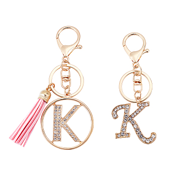 2Pcs 2 Style Alloy Rhinestone Keychain Sets, with Lobster Claw Clasps and PU Leather Tassel, Alphabet, Letter.K, 1pc/style, 102mm, K: 43x37x2.5mm