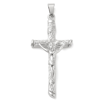 304 Stainless Steel Pendants, with 201 Stainless Steel Pendant Bails, Cross with Jesus, Platinum, 63x30x8mm, Hole: 9x5mm