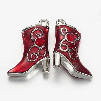 Alloy Enamel Pendants, Cadmium Free & Lead Free, with Rhinestones, Platinum Color, Boot, Dark Red, about 16mm wide, 21mm long, hole: 1mm