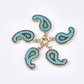 Electroplate Synthetic Turquoise Pendants, with Iron Dyed, Findings, Magatama, Golden, 31~32x17x4~5mm, Hole: 4.5x6.5mm