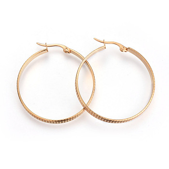 201 Stainless Steel Hoop Earrings, with 304 Stainless Steel Pin, Hypoallergenic Earrings, Textured, Ring, Golden, 35x32x3.5mm, Pin: 1mm