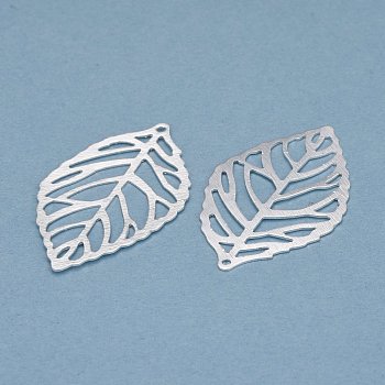 Brass Pendants, Long-Lasting Plated, Leaf, 925 Sterling Silver Plated, 35x20x0.5mm, Hole: 1mm