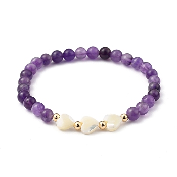 Stretch Beaded Bracelets, with Heart Natural Trochid Shell Beads, Round Natural Amethyst Beads and Golden Plated Brass Beads, Inner Diameter: 2-1/8 inch(5.5cm)