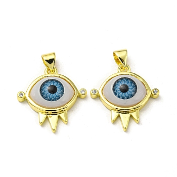 Real 18K Gold Plated Brass Pendants, with Cubic Zirconia and Acrylic, Evil Eye, 20.5x20x6.5mm, Hole: 5x3.5mm