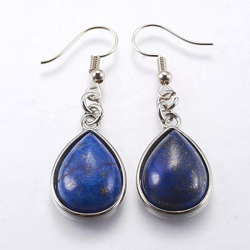 Natural Lapis Lazuli Dangle Earrings, with Brass Earring Hooks, teardrop, Platinum, 48mm, Pin: 0.5mm