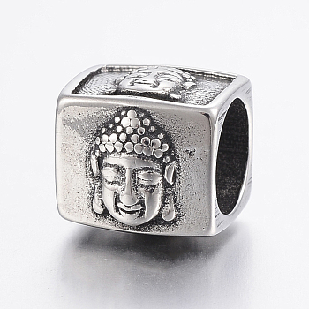 304 Stainless Steel Beads, Large Hole Beads, Cube with Buddha, Antique Silver, 12x13x11mm, Hole: 8mm