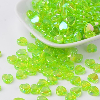 Eco-Friendly Transparent Acrylic Beads, Heart, Spring Green, AB Color, about 8mm in diameter, 3mm thick, hole: 1mm, about 280pcs/50g