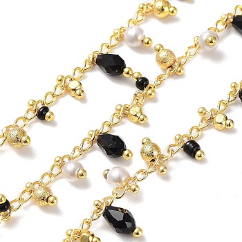 Handmade Brass Curb Chains, with Glass Charms, Real 18K Gold Plated, Soldered, with Spool, Black, 3mm