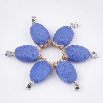 Handmade Porcelain Pendants, Frost, with Brass Findings, Face, Platinum, Royal Blue, 24.5~25x13~13.5x9~9.5mm, Hole: 4.5x4mm