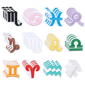 4sets Polyester Embroidery Cloth Patches, for DIY Costume, Hat, Bag, 12 Constellations, 30.5~41x29~42x2mm, 12pcs/set