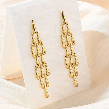 304 Stainless Steel Tassels Weave Teardrop Stud Earrings, Real 18K Gold Plated, 76x14mm