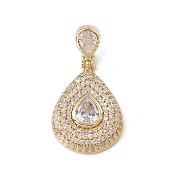 Brass Micro Pave Clear Cubic Zirconia Pendants, Cadmium Free & Nickel Free & Lead Free, Rack Plating, Teardrop, Real 18K Gold Plated, 42x22.5x5mm, Hole: 3.5x7.5mm
