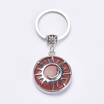 Natural 
Red Jasper Keychain, with Brass Finding, Flat Round with Sun & Moon, 64mm