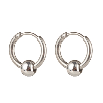 304 Stainless Steel Huggie Hoop Earrings, with Brass Beads, Stainless Steel Color, 15x14mm, Pin: 1mm