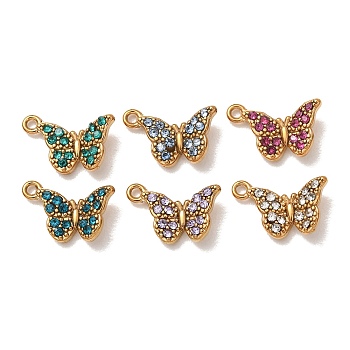 304 Stainless Steel Rhinestone Pendants, Butterfly Charms, Ion Plating(IP), Real 18K Gold Plated, Mixed Color, 8.5x13x2.5mm, Hole: 1.2mm