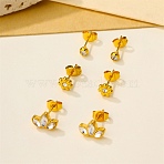 3 Pairs Valentine's Day 304 Stainless Steel & Crystal Rhinestone Stud Earrings for Women, Flower & Flat Round, Golden, 3.5~6.5x3.5~10mm(EJEW-G470-01G)