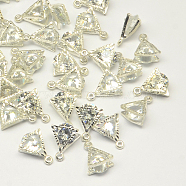 Alloy Charms, with Cubic Zirconia, Triangle, Clear, Silver Color Plated, 11x9x5mm, Hole: 1mm(X-ZIRC-R007-039A-03)