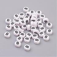 Flat Round with Letter B Acrylic Beads, with Horizontal Hole, White & Black, Size: about 7mm in diameter, 4mm thick, hole: 1mm(X-PL37C9070-B)