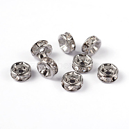Brass Rhinestone Spacer Beads, Grade AAA, Straight Flange, Nickel Free, Platinum Metal Color, Rondelle, Crystal, 6x3mm, Hole: 1mm(RB-A014-Z6mm-01P-NF)