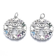 Brass Micro Pave Colorful Cubic Zirconia Pendants, with Jump Ring, for Mother's Day, Cadmium Free & Nickel Free & Lead Free, Flat Round with Word Mom & Girl & Boy, Real Platinum Plated, 21.5x19.5x2.5mm, Jump ring: 5x0.6mm, Inner Diameter: 3mm(KK-S061-67P-NR)