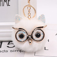 Pom Pom Ball Keychain, with KC Gold Tone Plated Alloy Lobster Claw Clasps, Iron Key Ring and Chain, Owl, White, 12cm(KEYC-PW0002-033A)