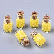 Glass Wishing Bottle Pendant Decorations, with Polystyrene Foam Inside, Cork Stopper and Iron Screw Eye Pin Peg Bails, Yellow, 22x15mm, Hole: 2mm(GLAA-N037-01I)